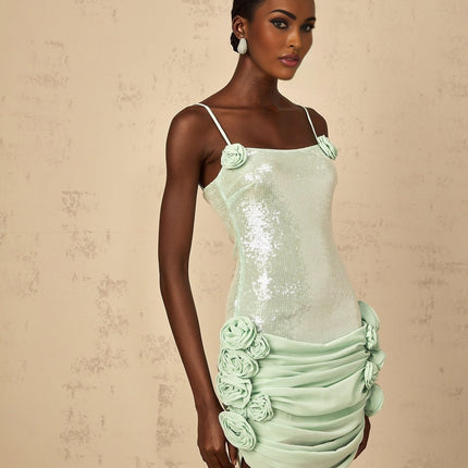 Biancamaria Green Mini Dress Sequin Floral Tie-back