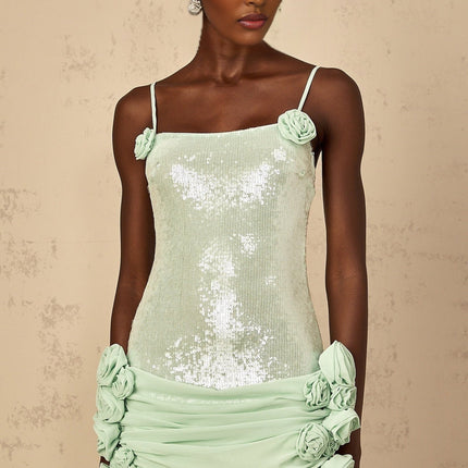 Biancamaria Green Sequin Floral Tie-back Mini Dress