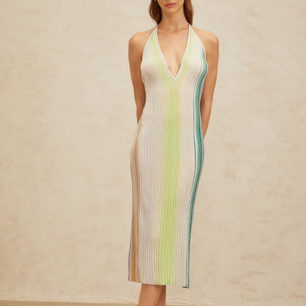 Biancamaria Green Sequined Striped Midi Dress