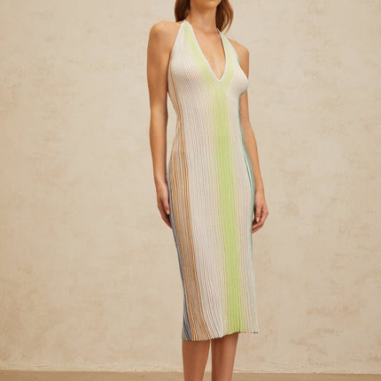Biancamaria Green Sequined Striped Midi Dress