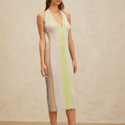 Biancamaria Green Sequined Striped Midi Dress