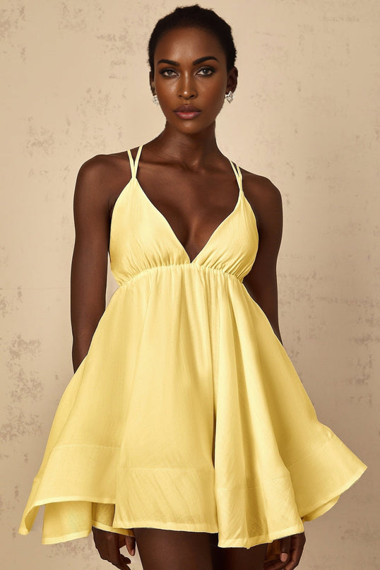 Biancamaria Mini Dress Yellow V-neck Sleeveless Self-tie Cross-over Straps Shirred Effect Asymmetrical Flounce Hem Tencel Terylene Fiber High-low Silhouette
