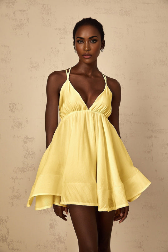 Biancamaria Mini Dress Yellow with V-Neck and Shirred Effect