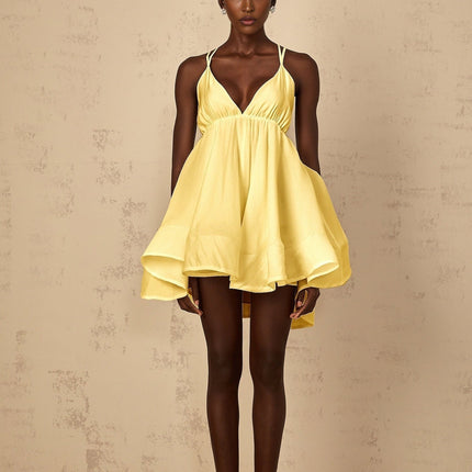 Biancamaria Mini Dress Yellow V-neck Sleeveless Self-tie Cross-over Straps Shirred Asymmetrical Flounce Hem Tencel Terylene Fiber High-low Silhouette