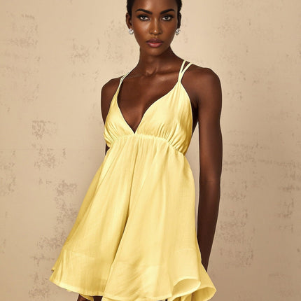 Biancamaria Mini Dress Yellow Sleeveless V-Neck Shirred Effect Asymmetrical Flounce Hem High-Low Silhouette