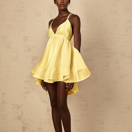 Biancamaria Mini Dress Yellow V-neck Sleeveless Self-Tie Cross-Over Straps Shirred Effect Asymmetrical Flounce Hem Tencel Terylene Fiber High-Low Silhouette