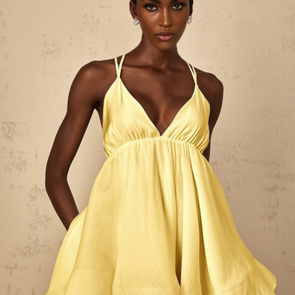 Biancamaria Mini Dress Yellow V-Neck Sleeveless Self-Tie Cross-Over Straps Shirred Effect Asymmetrical Flounce Hem Tencel Terylene Fiber High-Low Silhouette Thigh Length
