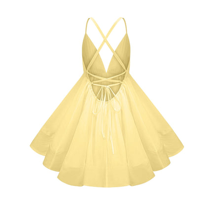 Biancamaria Mini Dress Yellow Sleeveless V-Neck Shirred Effect Asymmetrical Flounce Hem Tencel Terylene Fiber High-Low Silhouette