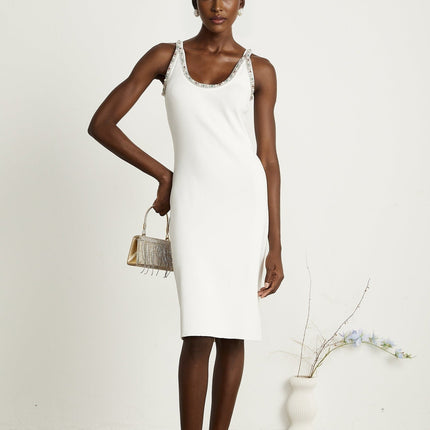 Biancamaria White V Neck Cardigan and Sleeveless Dress Ensemble