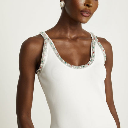 Biancamaria White Cardigan Dress Set Wool Viscose Beaded Embellishments