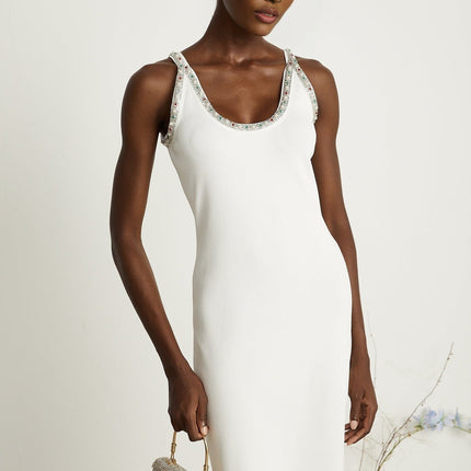 Biancamaria White V neck Cardigan and Sleeveless Dress with beaded embellishments