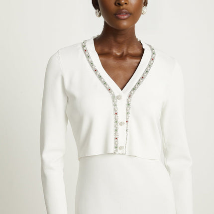 Biancamaria White V neck Cardigan and Sleeveless Dress ensemble with intricate beadwork
