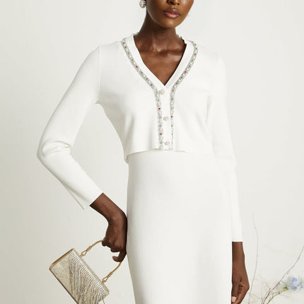 Biancamaria White V Neck Cardigan and Sleeveless Dress with Beaded Embellishments