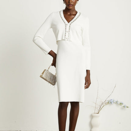 Biancamaria White V neck Cardigan and Sleeveless Dress ensemble with beadwork and wool blend