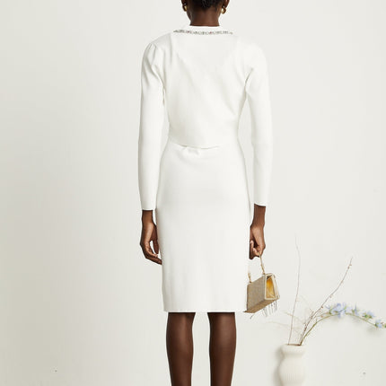 Biancamaria White V Neck Cardigan and Sleeveless Dress ensemble with intricate beadwork and midi length silhouette