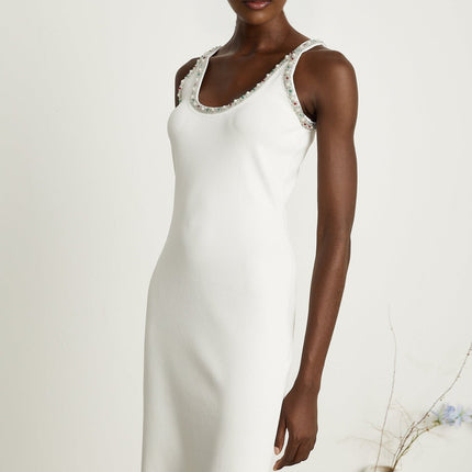 Biancamaria White V Neck Cardigan and Sleeveless Dress ensemble with beadwork