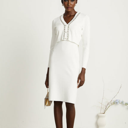 Biancamaria White V Neck Cardigan and Sleeveless Dress with Beaded Embellishments