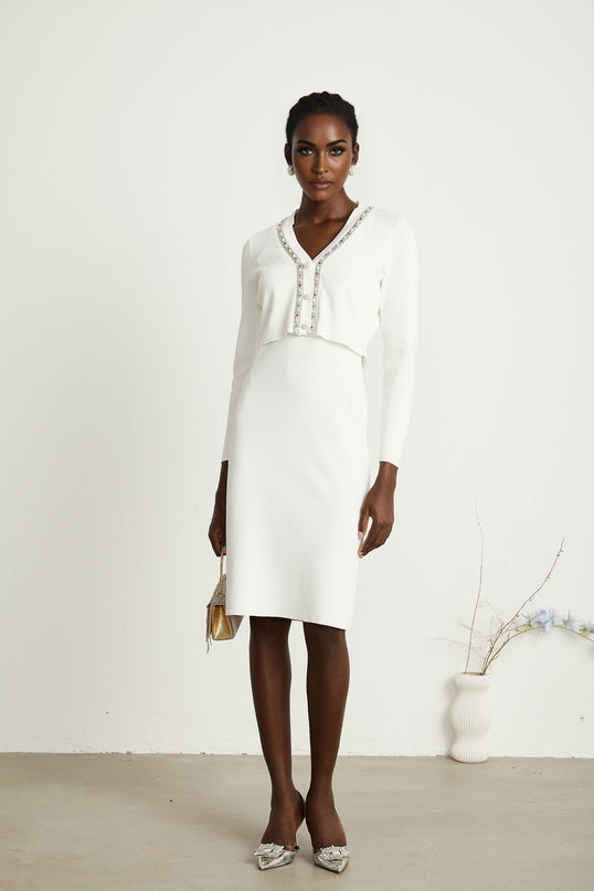 Biancamaria White V Neck Cardigan and Sleeveless Dress with Beaded Embellishments