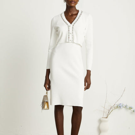 Biancamaria White V Neck Cardigan and Sleeveless Dress Set with Beaded Embellishments