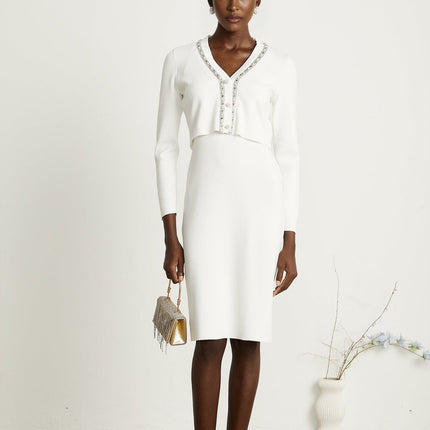 Biancamaria White V Neck Cardigan and Sleeveless Dress with Beaded Embellishments