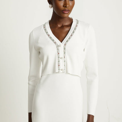 Biancamaria White V Neck Cardigan and Sleeveless Dress with Beaded Embellishments