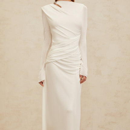 Biancamaria White Maxi Dress with Side Draping and Cut-Out Detail