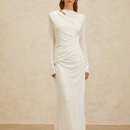 Biancamaria White Maxi Dress with Side Draping and Cut-Out Detail