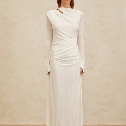 Biancamaria White Maxi Dress with Side Draping and Cut-Out Detail