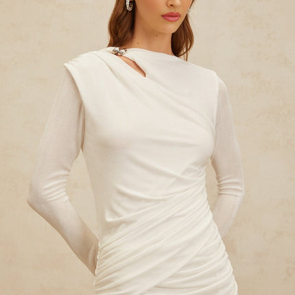 Biancamaria White Maxi Dress with Side Draping and Cut-Out Detail