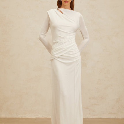 Biancamaria White Maxi Dress with Side Draping and Cut-Out Detail