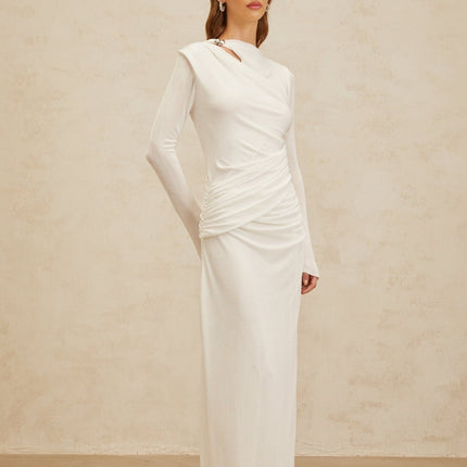 Biancamaria White Maxi Dress with Side Draping and Cut-Out Detail