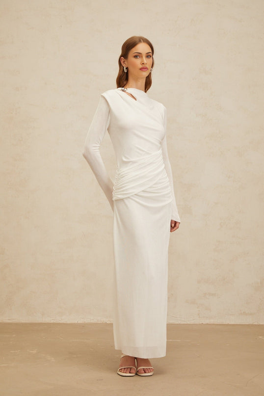Biancamaria White Maxi Dress with Side Draping and Cut-Out Detail