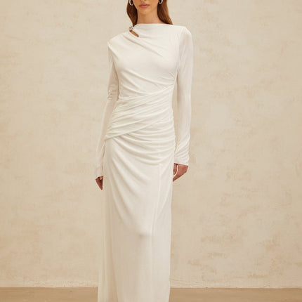 Biancamaria White Maxi Dress with Side Draping and Cut-Out Detail
