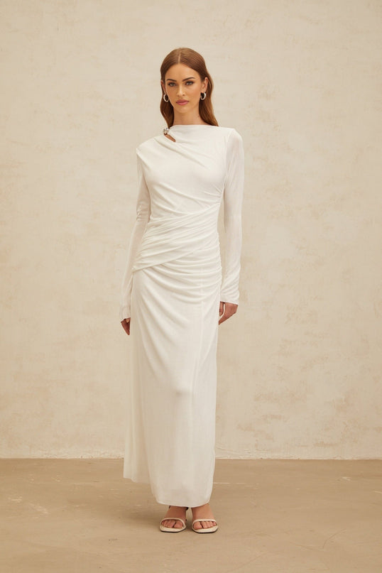 Biancamaria White Maxi Dress with Side Draping and Cut-Out Detail