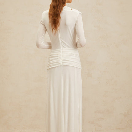 Biancamaria White Maxi Dress with Side Draping and Cut-Out Detail