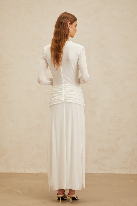 Biancamaria White Maxi Dress with Side Draping and Cut-Out Detail