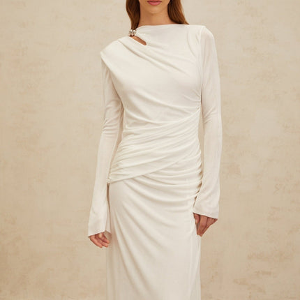 Biancamaria White Maxi Dress with Side Draping and Cut-Out Detail