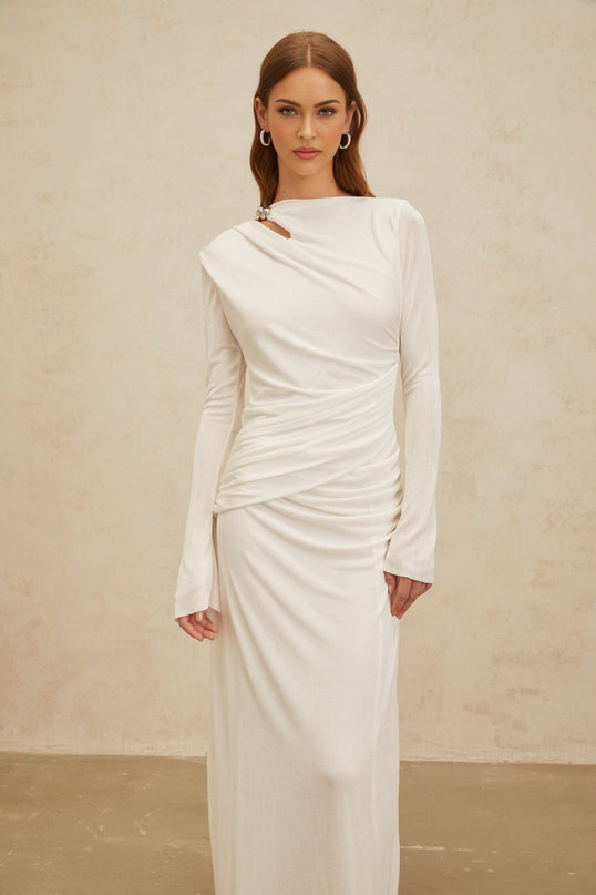 Biancamaria White Maxi Dress with Side Draping and Cut-Out Detail