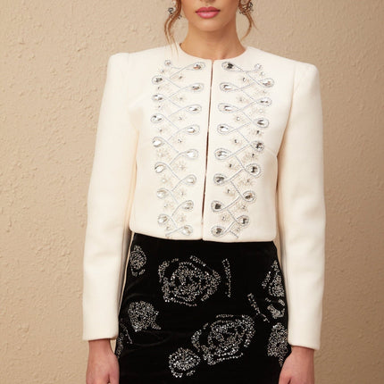 Biancamaria White Tweed Wool Blend Jacket with Metallic Threading and Crystal Embellishment