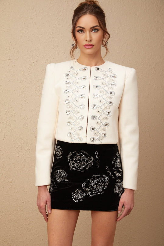 Biancamaria White Tweed Wool Blend Jacket with Metallic Threading and Crystal Embellishment