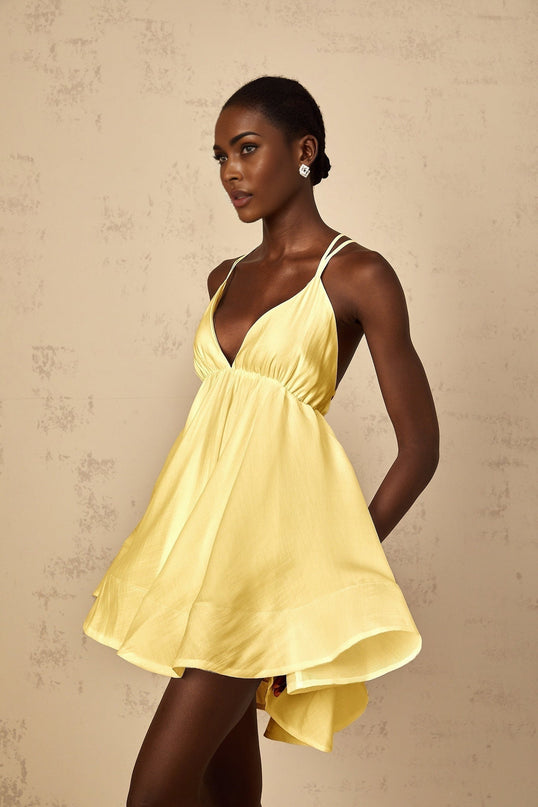 Biancamaria Yellow Mini Dress with V-Neck and Asymmetrical Flounce Hem