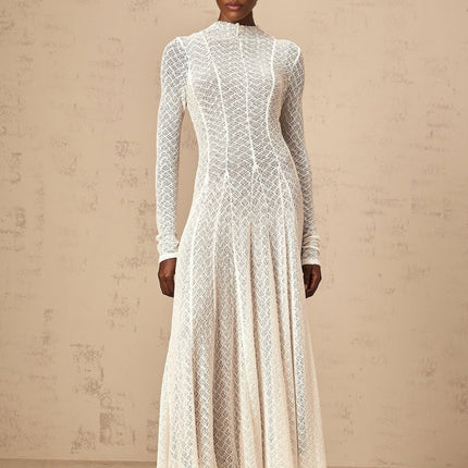 Bianchina White Lace Maxi Dress Athena Wavy Pattern Pleated Detail