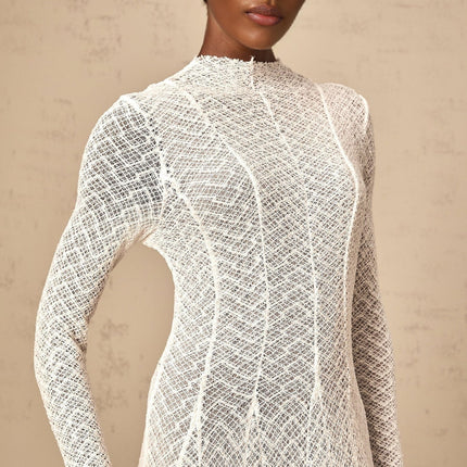 Bianchina White Lace Maxi Dress with Wavy Pattern and Pleated Detail