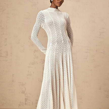 Bianchina White Lace Maxi Dress with Wavy Pattern and Pleated Detail