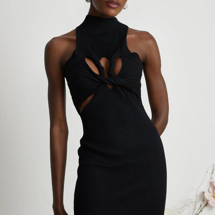 Bice Black Stretch Cotton Mini Dress with Twist Detailing and Cut-Outs