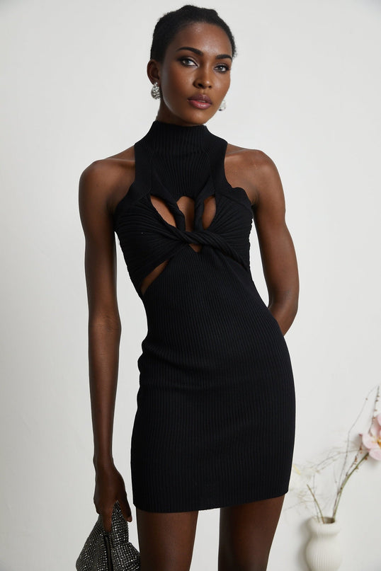 Bice Black Stretch Cotton Mini Dress with Twist Detailing and Cut-Outs
