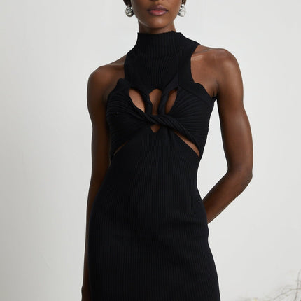 Bice Black Stretch Cotton Sleeveless Mini Dress with Twist Detailing and Cut-Out Detailing