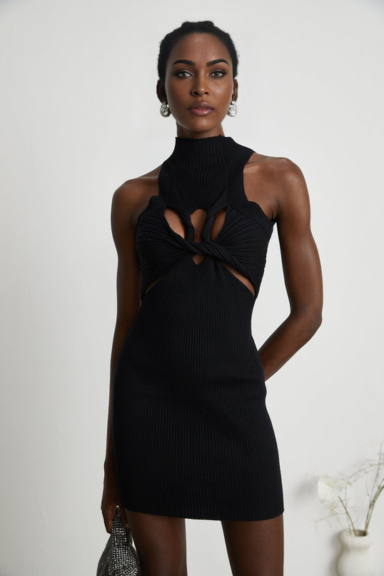 Bice Black Stretch Cotton Sleeveless Mini Dress with Twist Detailing and Cut-Out Detailing