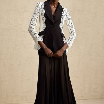 Bice Black & White Bice Blazer Long Sleeve Lace Trim Panelled Construction Front Button Fastening Polyester Viscose