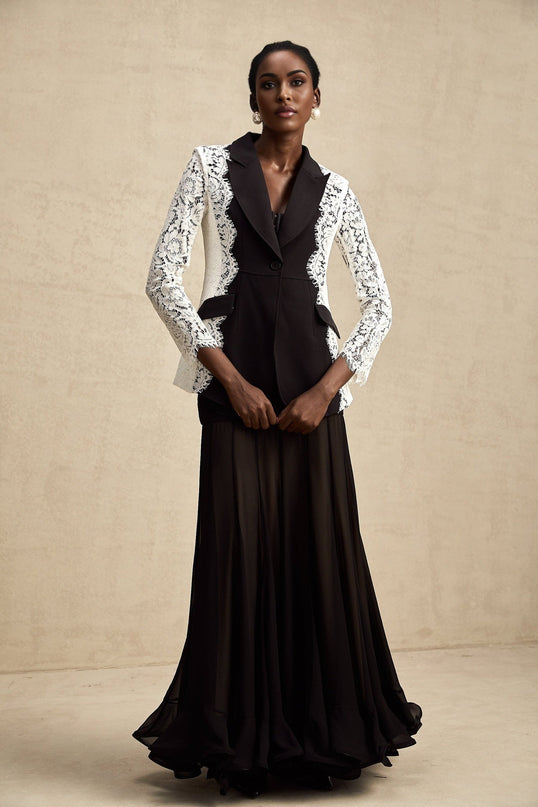 Bice Black & White Bice Blazer Long Sleeve Lace Trim Panelled Construction Front Button Fastening Polyester Viscose